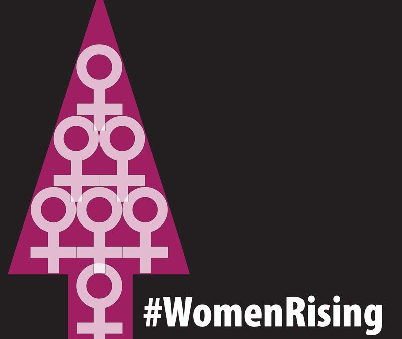 #WomenRising icon shows a graphic of the female symbol stacked on top of one another in the shape of an arrow pointing up